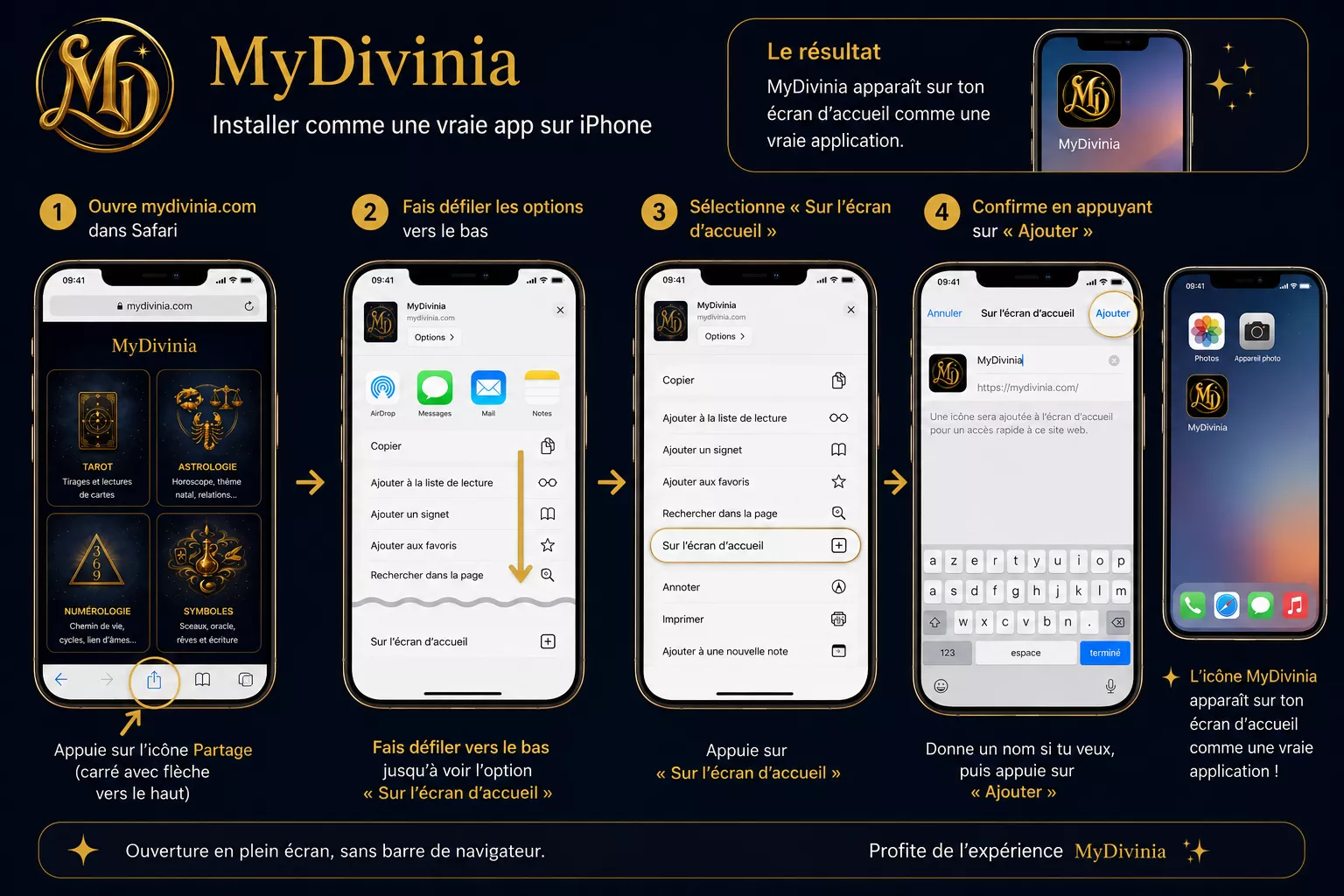 Tutoriel d'installation de MyDivinia sur iPhone via Safari — 5 étapes illustrées